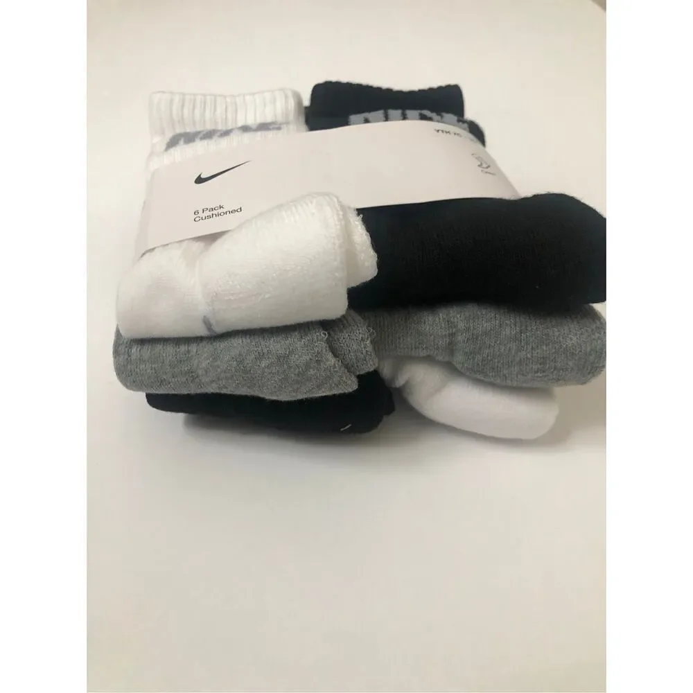 Nike Boys Cushioned Crew Socks 6 Pack (Grey/White/Black) size 7C-10C